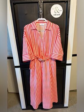 Callie Mac Coral & White Striped Shirt Dress with Belt - Versatile Style.